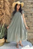 Made in Italy Sa Caleta Cotton Cap Sleeve Pocket Midaxi Dress Khaki